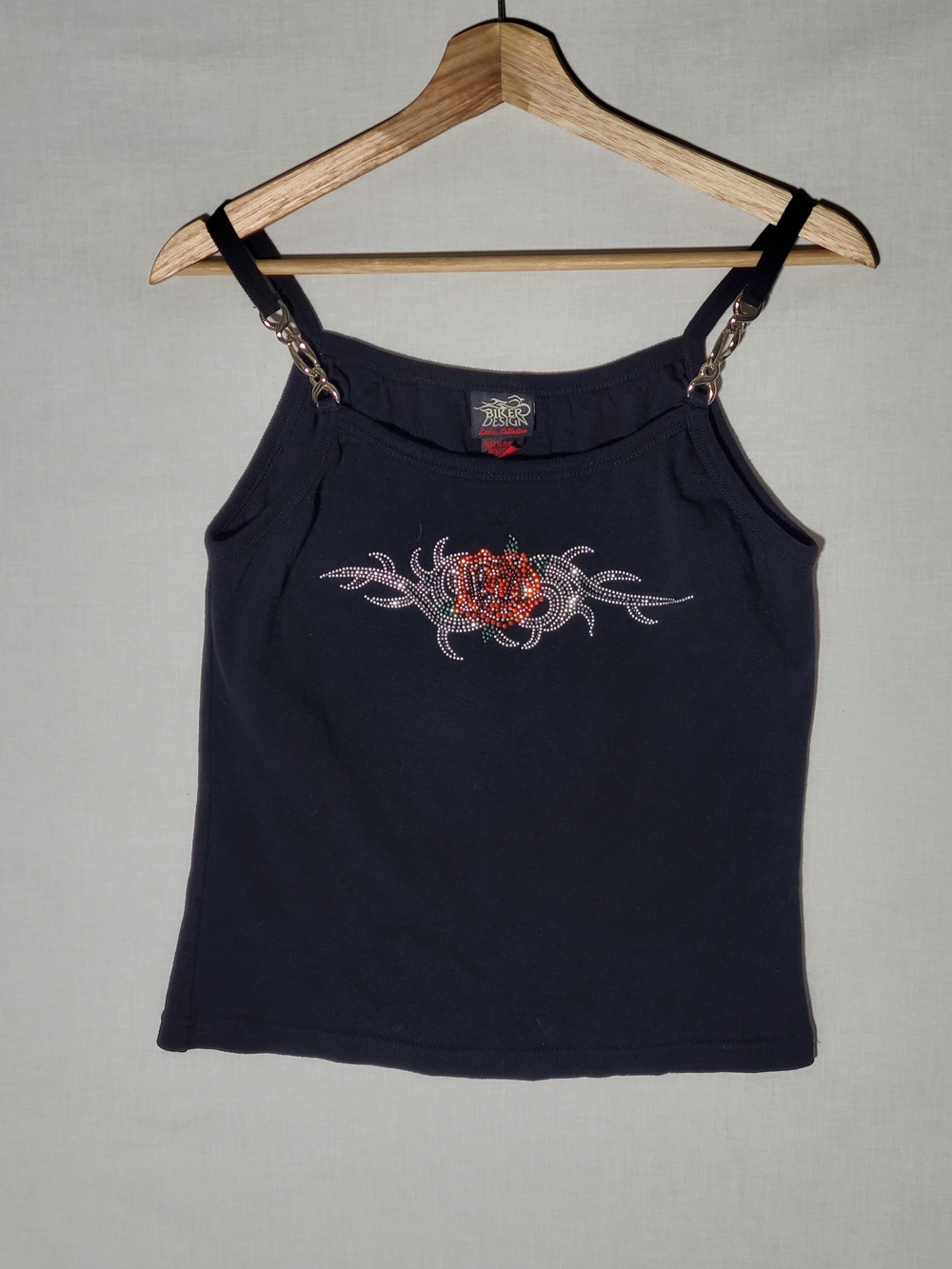 Moto Y2K Black Tank Top Womens L/XL Red Rhinestone Rose Chain Straps 90s Biker